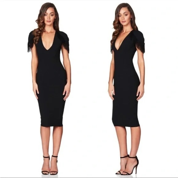 Nookie Mendez Fringe Detail Black Midi Dress Small NWT - Picture 5 of 8